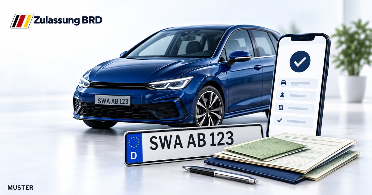 Online Fahrzeugzulassung in Walluf: Musterkennzeichen SWA AB 123, Auto und Fahrzeugpapiere und Smartphone. Illustration mit Logo von Zulassung BRD.